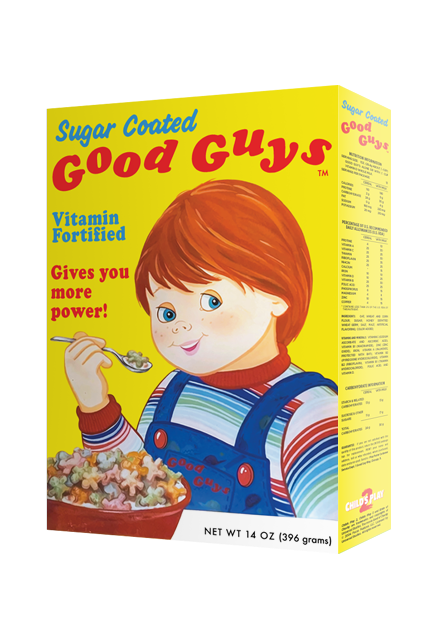 Cereal box prop.  Yellow box.  Illustration of boy, red hair, blue eyes, freckles, wearing striped shirt under blue overalls, red buttons, Good Guys text printed on front pocket.  Holding spoon, red bowl of multicolored cereal.  Blue text reads Sugar Coated, vitamin fortified.  Red text reads Good Guys, Gives you more power! Black text reads net wt 14 oz 396 grams.  Side of box shows nutritional facts, ingredients, manufacturing and licensing information.