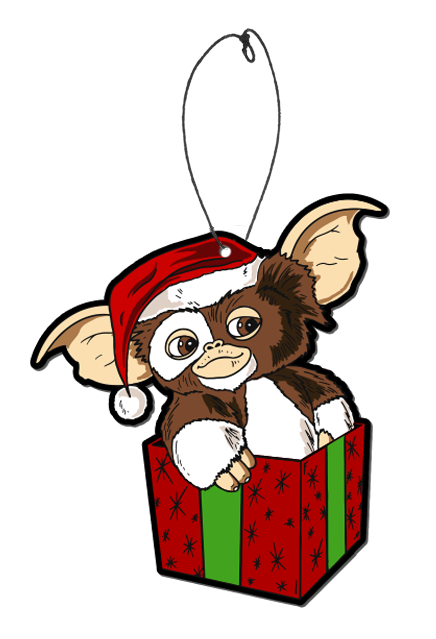 Air freshener.  Gizmo, brown and white, wearing Santa hat, sitting in red and green gift box.