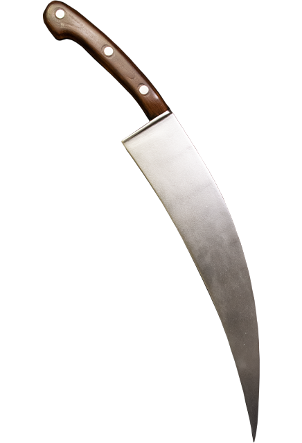 Knife prop, curved silver blade, wood finish handle.