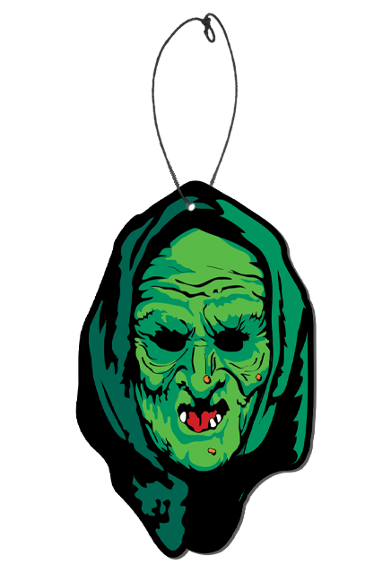Air freshener. Green witch face in green hood.