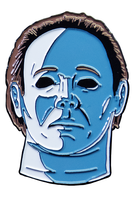 Enamel pin.  Halloween 4 mask, head and neck. Blue and white face, dark brown hair.
