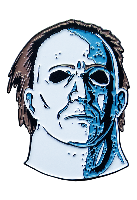 Enamel pin. Halloween 5 mask, head and neck. Blue and white face, dark brown hair.