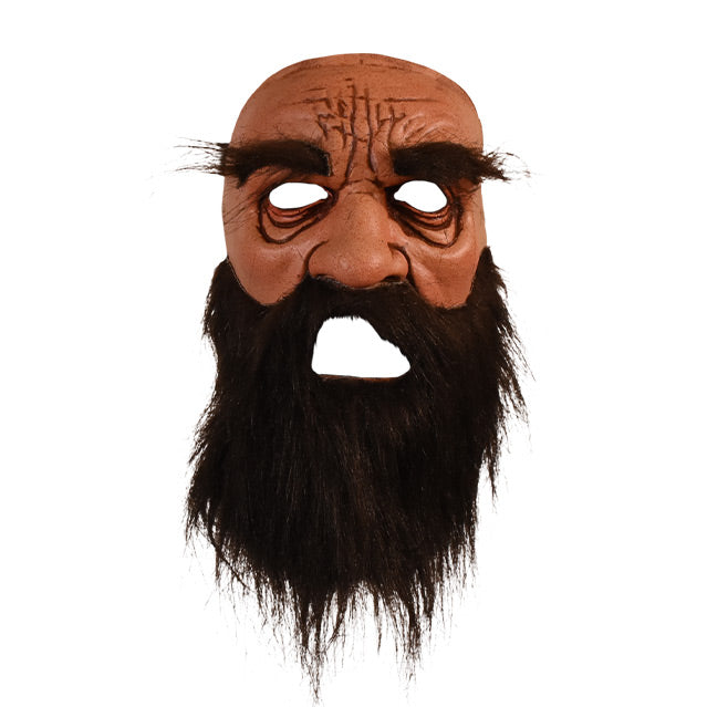 Face mask. Bald man, wrinkled forehead, bags under eyes, large nose. Bushy dark brown eyebrows and long full bushy beard.