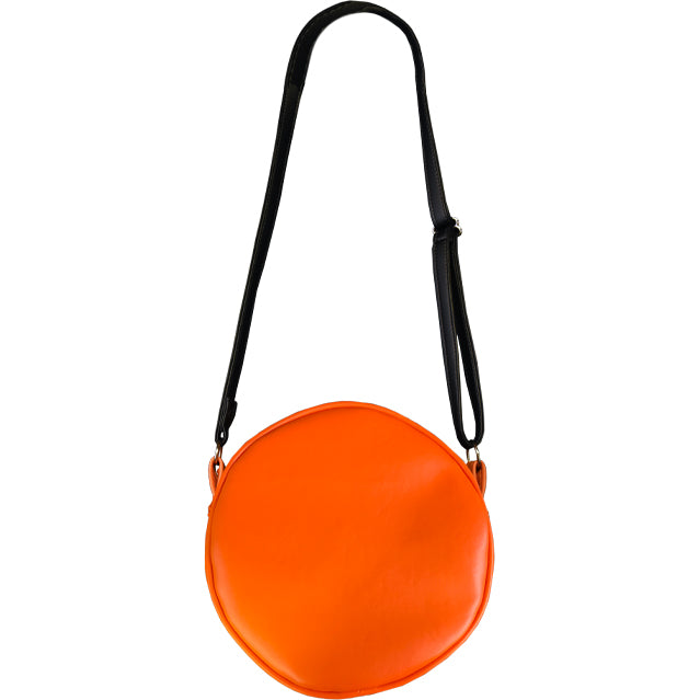 Bag. Back view. Orange circle. Black adjustable strap.
