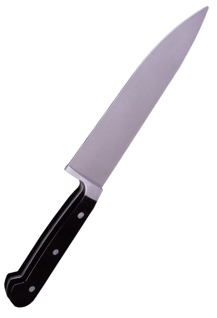 Kitchen knife prop.  Black handle large silver blade.