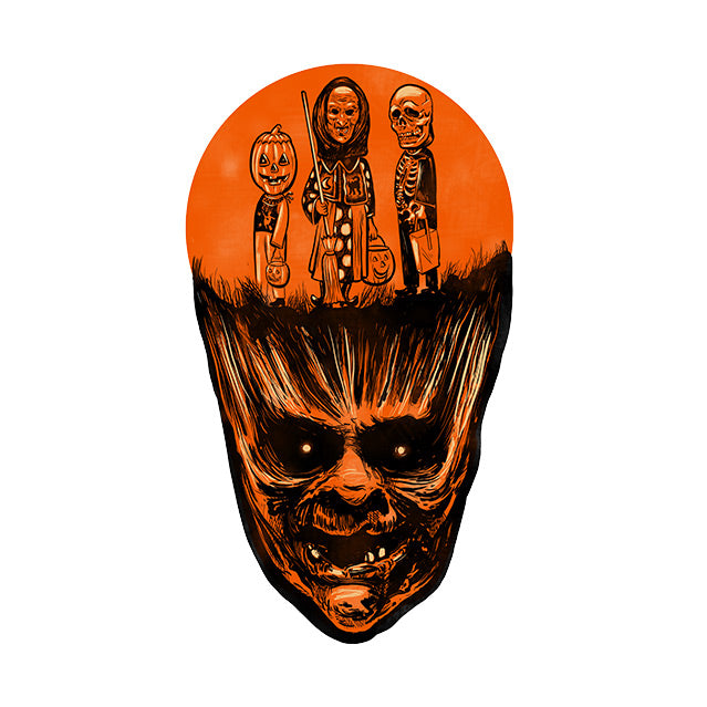 Wall decor. Scary orange face with kids in Pumpkin, witch and skull costumes shown in circle on head.