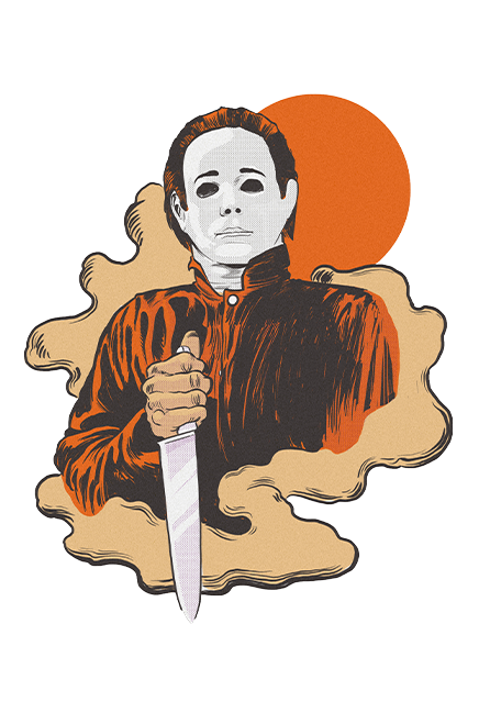 Wall decor.  Orange, black and white. Michael Myers upper body, holding knife in right hand, surrounded by clouds, orange full moon. 