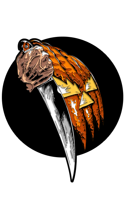 Enamel pin. Halloween 1978 Poster.  Black circle background, Orange jack o' lantern face behind hand holding butcher knife.