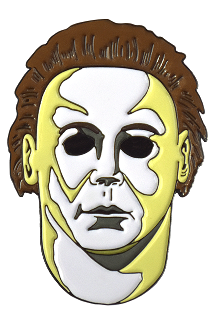 Enamel pin. Mask, head and neck. Brown hair, white and yellow skin.