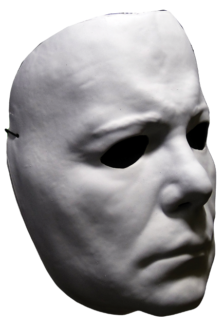 Right side view. Plastic facemask. white skin.