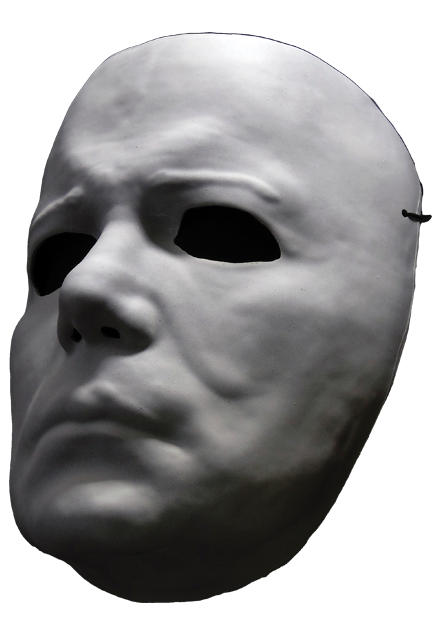 Left side view. Plastic facemask. white skin.