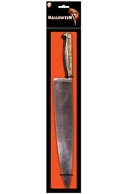 Butcher knife prop in black and orange packaging with Trick or Treat Studios logo, white text reads Halloween. Silver blade, wood finish handle.