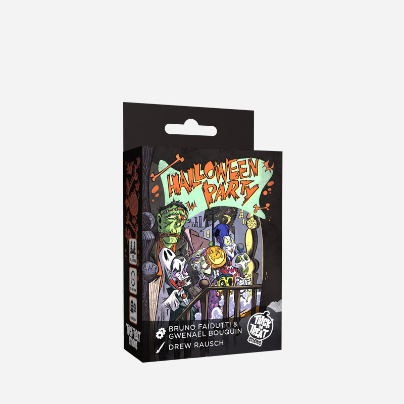 Card game packaging.  Orange text reads Halloween Party, illustrations of ghosts and monsters, white text reads Bruno Faidutti and Gwenael Bouquin, Drew Rausch. White Trick or Treat Studios logo.
