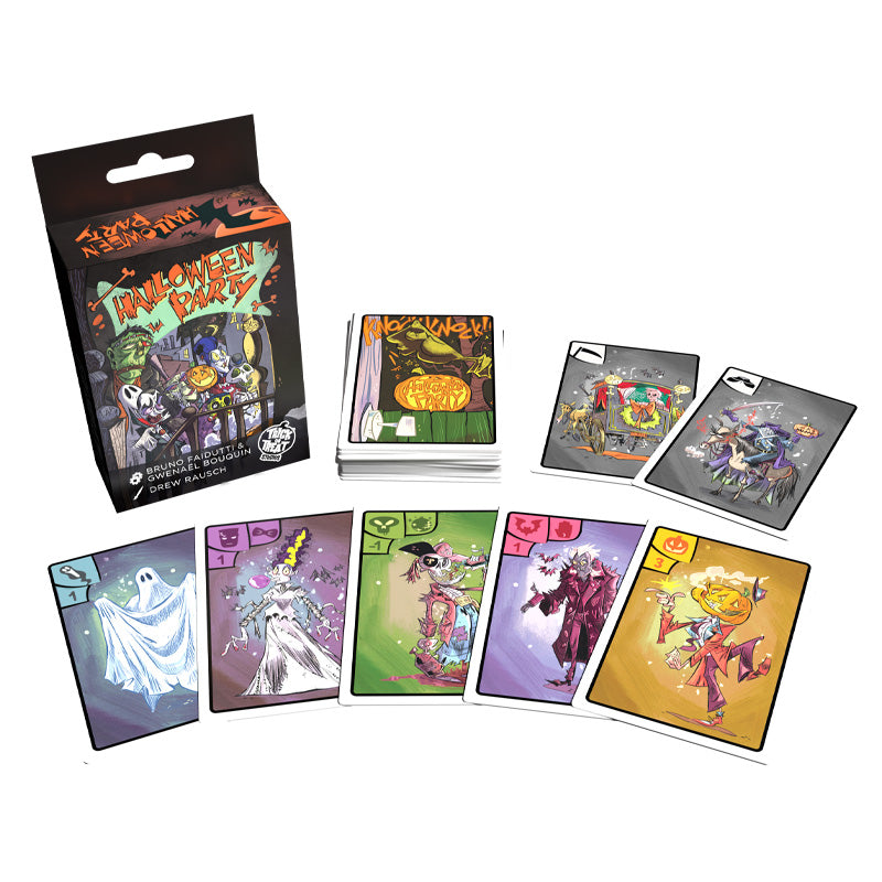 Card game packaging. Orange text reads Halloween Party, illustrations of ghosts and monsters, white text reads Bruno Faidutti and Gwenael Bouquin, Drew Rausch. White Trick or Treat Studios logo. Cards spread out showing illustrations of monsters and ghosts.