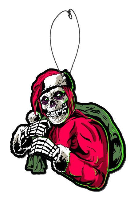 Air freshener. Misfits Holiday fiend. Skeleton face and hands, wearing red Santan suit, holding green gift sack over his shoulder.