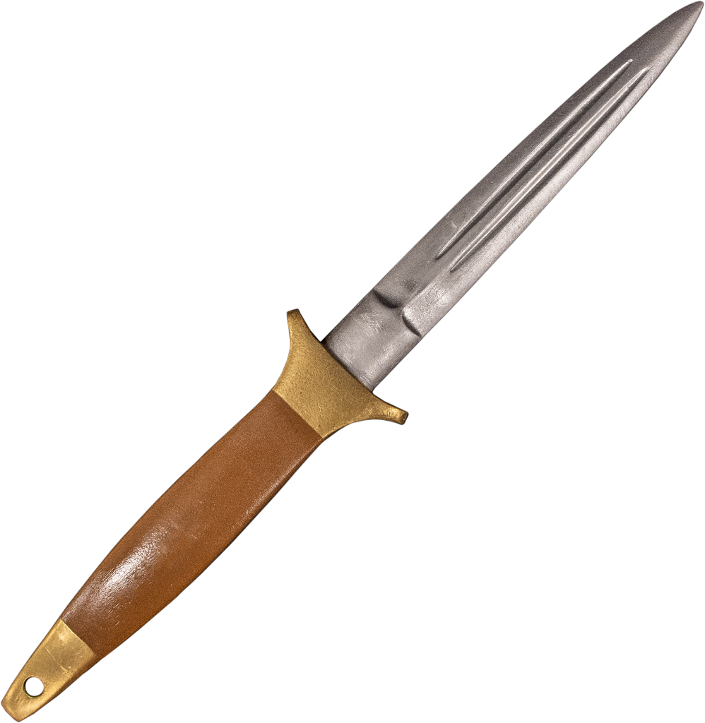 Knife prop.  Brown and gold handle.  Silver double edged blade.