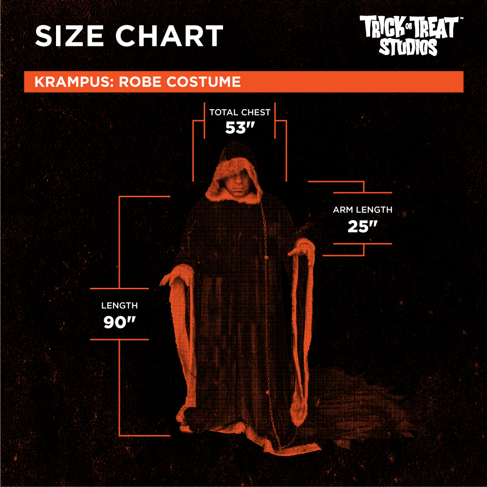 Black background, orange accents.  White text reads, Size chart, Trick or Treat Studios, Krampus Robe Costume, Total chest 53 inches, arm length 25 inches, length 90 inches.