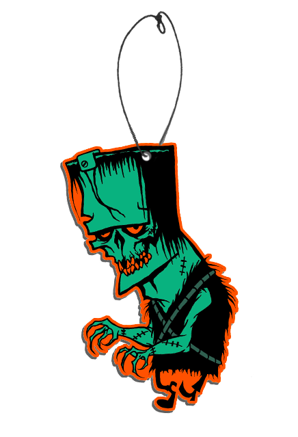Air Freshener.  Illustration, orange outline.  Large head, tiny body. Frankenstein-like monster face. Black hair, elongated forehead, flat head, bracket attached on right side. Green skin, orange eyes, smiling mouth with orange teeth. Wearing fuzzy black shirt.  stiches on neck and both forearms, clawed hands.   