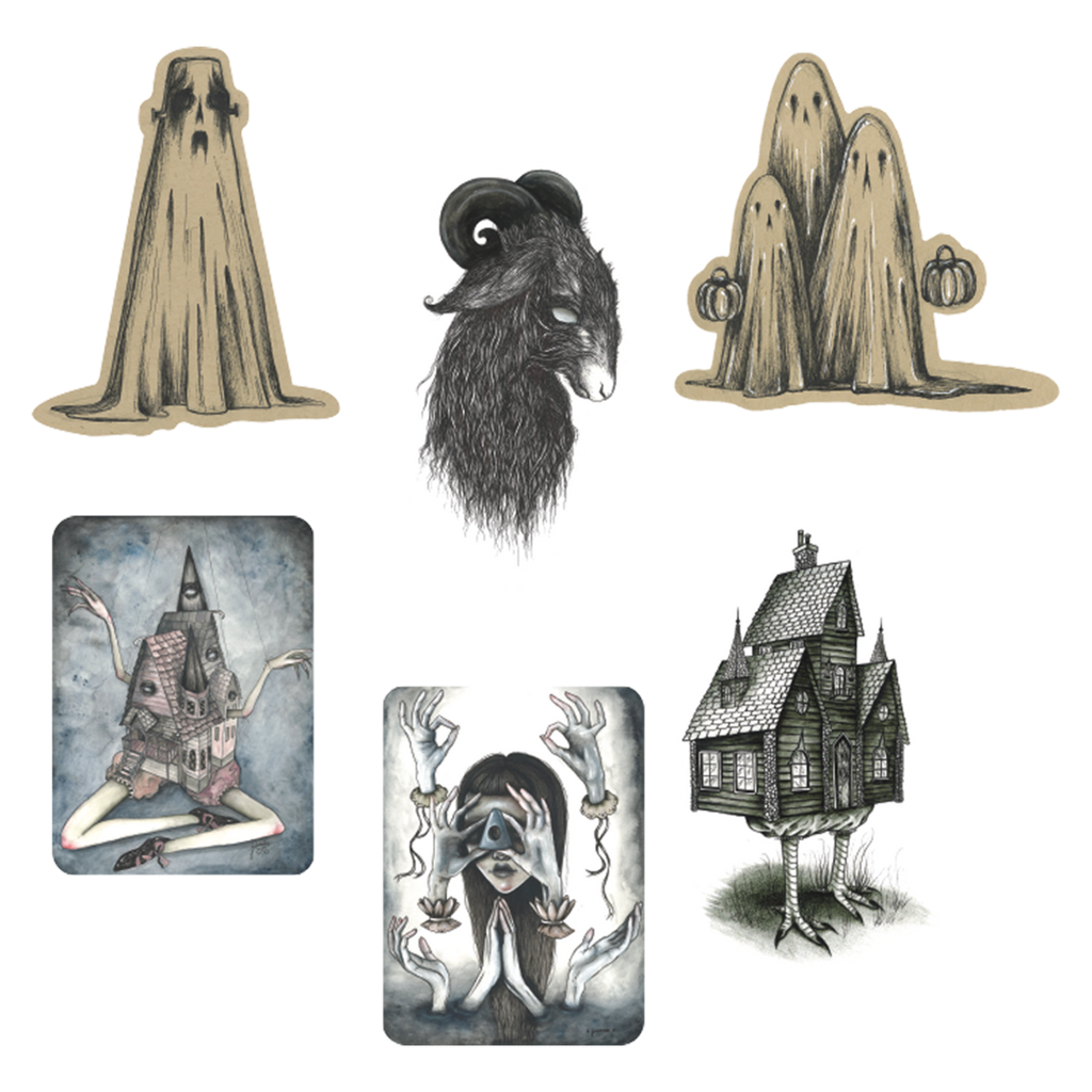 Wall Decor. Six pieces.  Specter frank sheet ghost. Black Phillip, black goat.  Trick or Treater sheet ghosts. Haunted Haus.  Magician. Baba Yaga house.