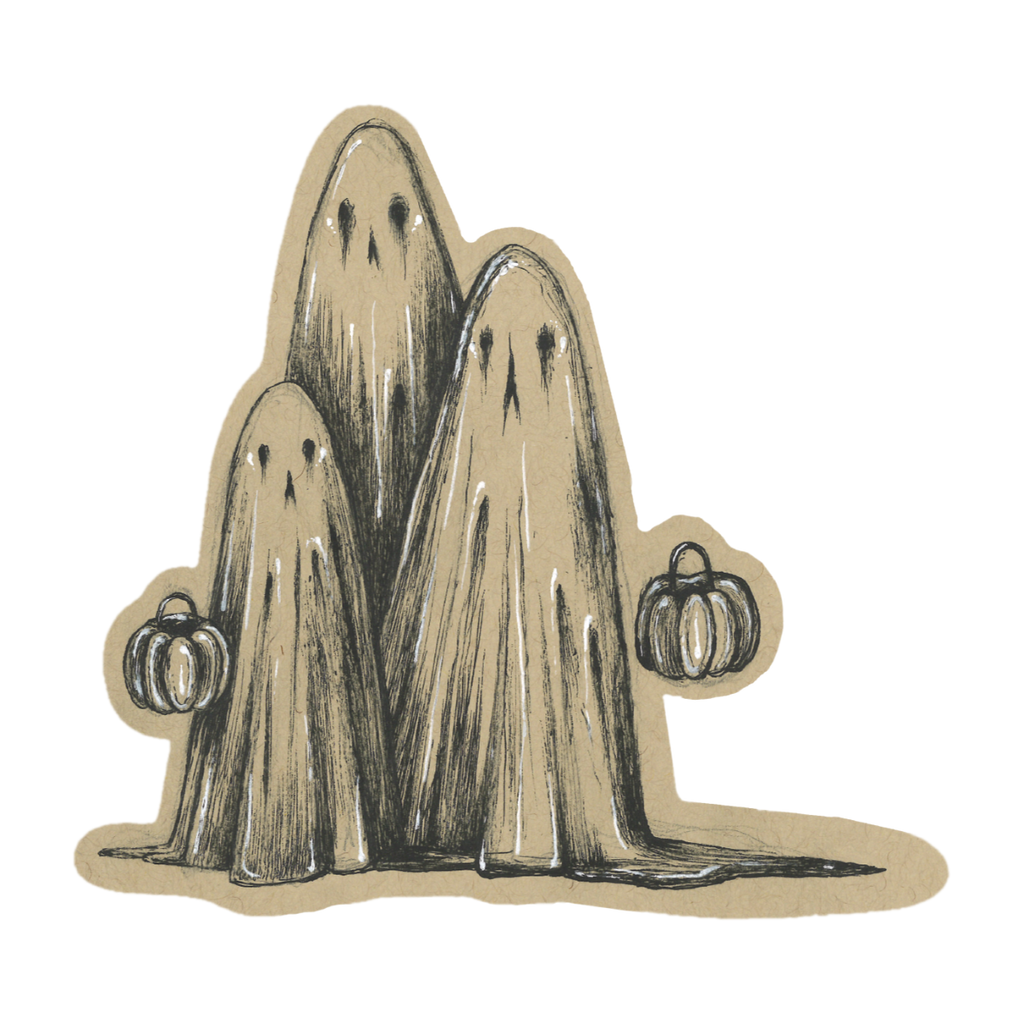 Wall decor. black and white illustration of three sheet ghosts, two are holding pumpkin trick or treat candy buckets.