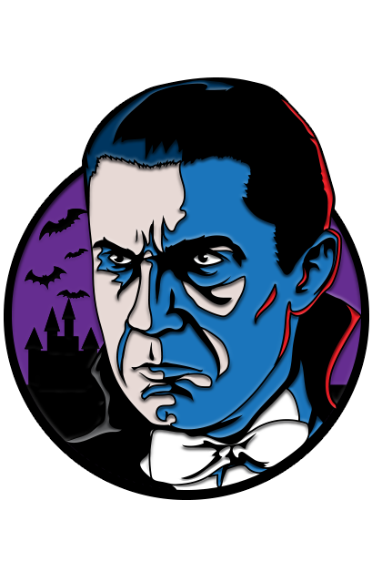 Enamel pin.  Bela lugosi as Dracula head and neck.  Black hair, blue and white face with red outline accents.  Wearing cape with standing collar, white shirt and bowtie. Purple background with black bats and castle.