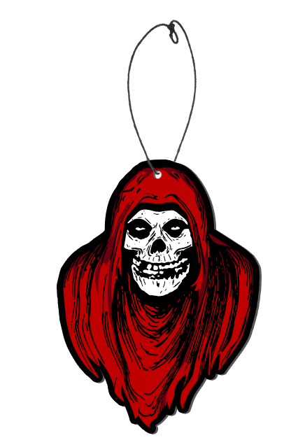 Air freshener.  Misifits Ghost fiend. Skeleton face wearing hooded red cloak, Head shoulders and upper chest.