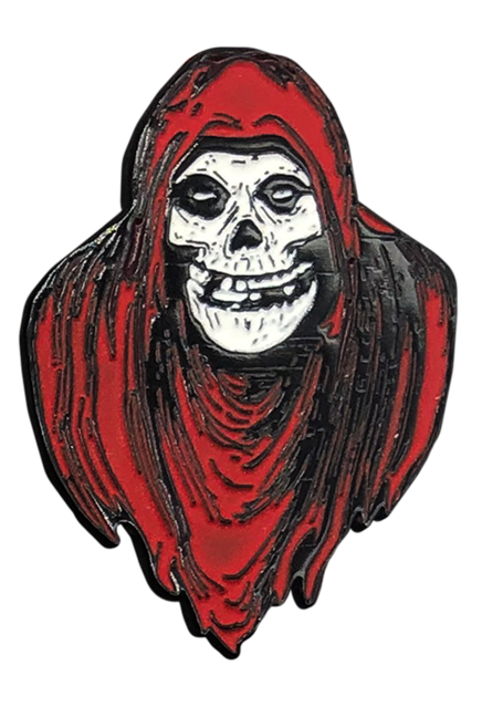 Enamel Pin.  Misifits Ghost fiend. Skeleton face wearing hooded red cloak, Head shoulders and upper chest.