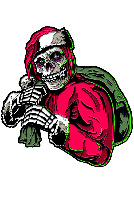 Enamel pin.  Misfits Holiday fiend.  Skeleton face and hands, wearing red Santan suit, holding green gift sack over his shoulder.