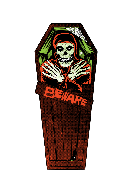 Wall decor.  Misfits Fiend, orange hooded robe, skull face, skeleton hands crossed on chest.  In wooden brown coffin, green inside, spider web and spider.  Orange text on board reads Beware.