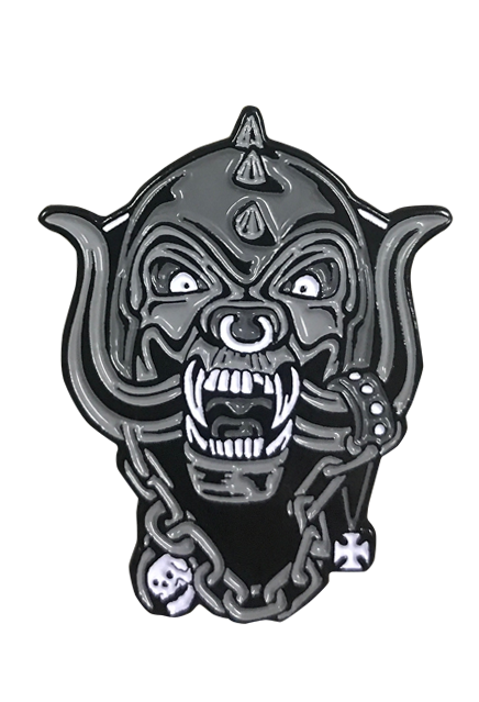 enamel pin.  Motorhead Warpig. Black, white and gray. Pig face with giant tusks, spikes on head, ring in nose. Chain on neck, with skull and iron cross pendants.