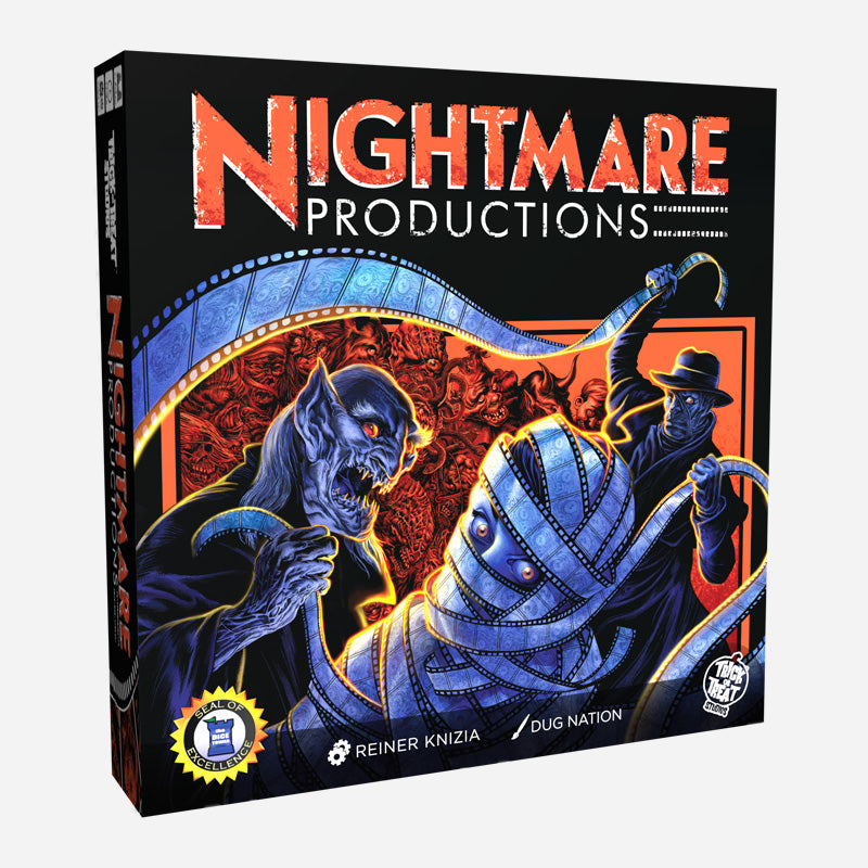 Product packaging, front. Black, red and white. Text reads Nightmare Productions, Reiner Knizia, Dug Nation, white Trick or Treat Studios logo.