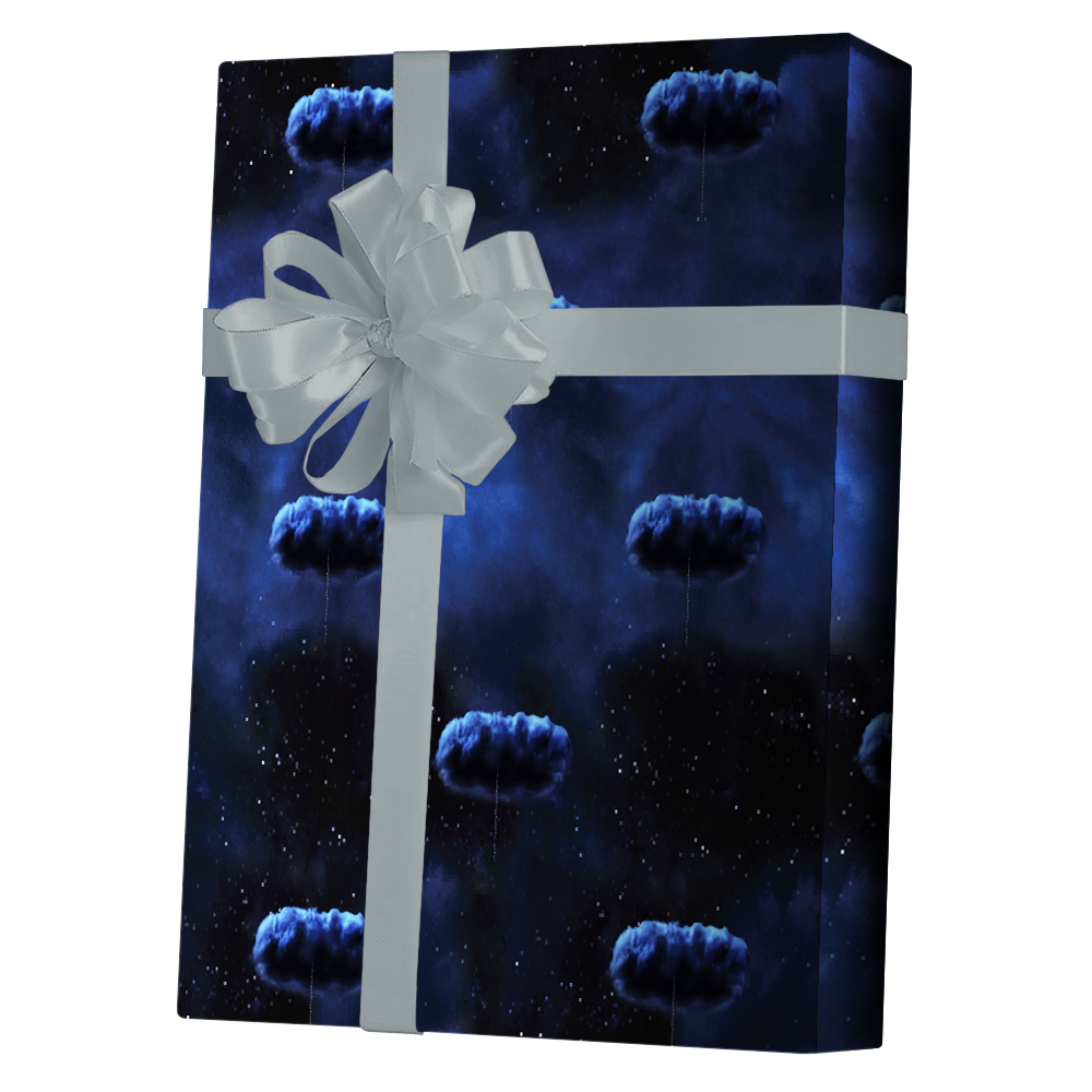 Wrapping paper wrapped gift with white bow.. Repeating pattern of night sky, clouds with line hanging from middle.