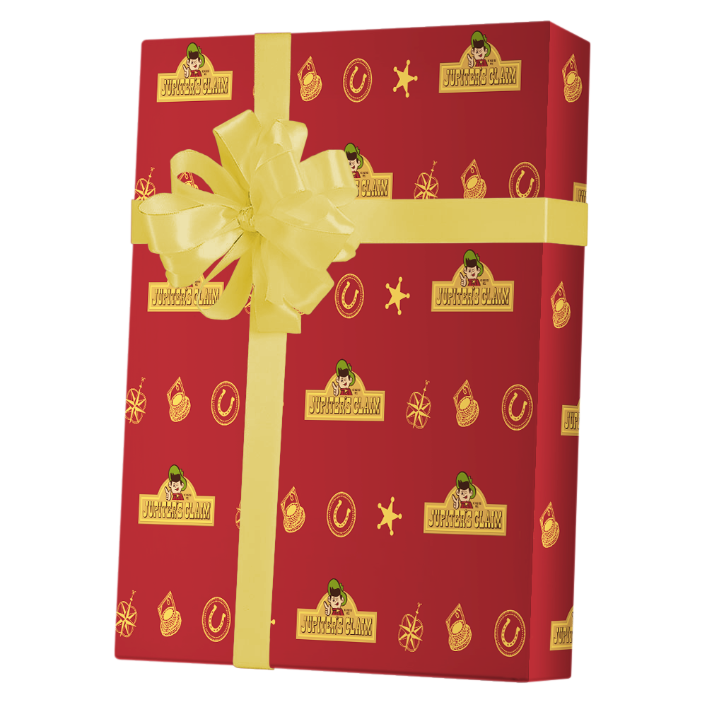 Wrapping paper wrapped gift with gold bow. Repeating pattern, gold on red background.