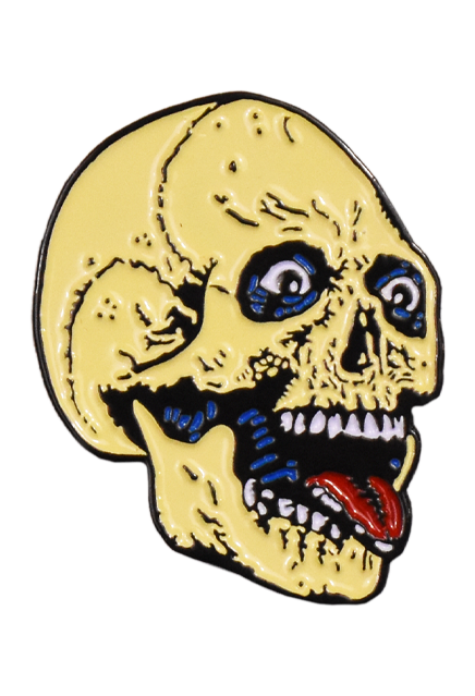 Enamel pin. Off-white skull face, blue and black circles around eyes. Jaw open showing teeth, red tongue sticking out. 