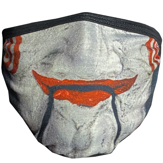 PPE mask, front view, printed with image of nose and mouth of Saw, Billy Puppet mask.