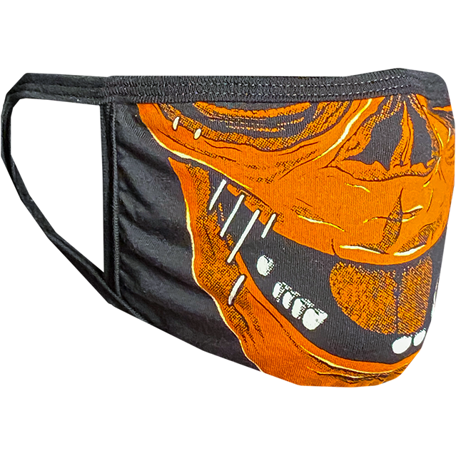 PPE mask, right side view, printed with orange and white image of nose and mouth of Trick 'r Treat Sam mask., open mouth