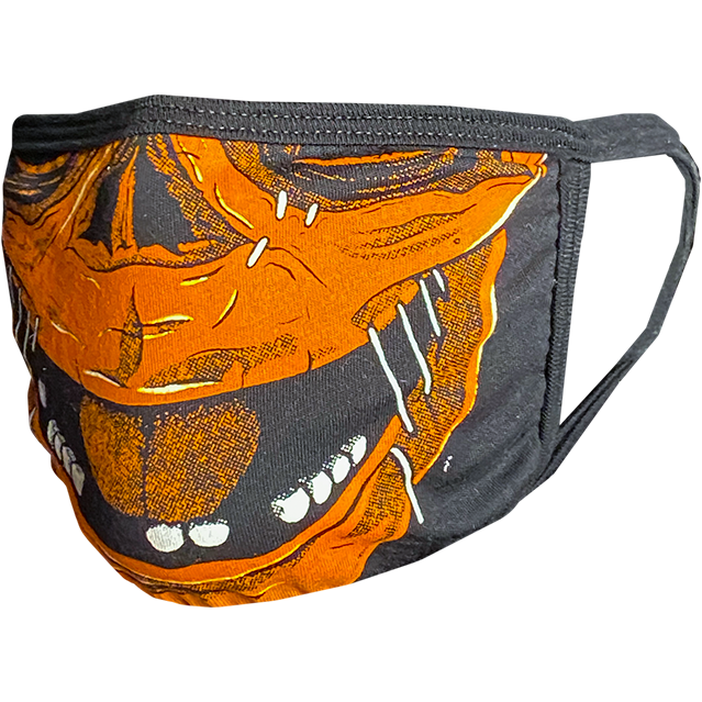 PPE mask, left side view, printed with orange and white image of nose and mouth of Trick 'r Treat Sam mask., open mouth