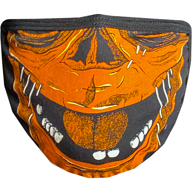 PPE mask, front view, printed with orange and white image of nose and mouth of Trick 'r Treat Sam mask., open mouth