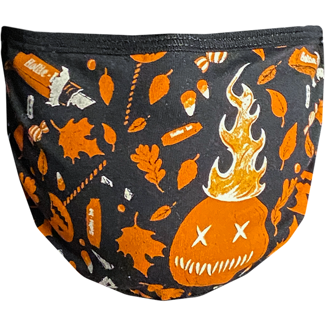 PPE mask,  front view, printed with orange and white images of flaming jack o' lantern, fall leaves and candy on black background.