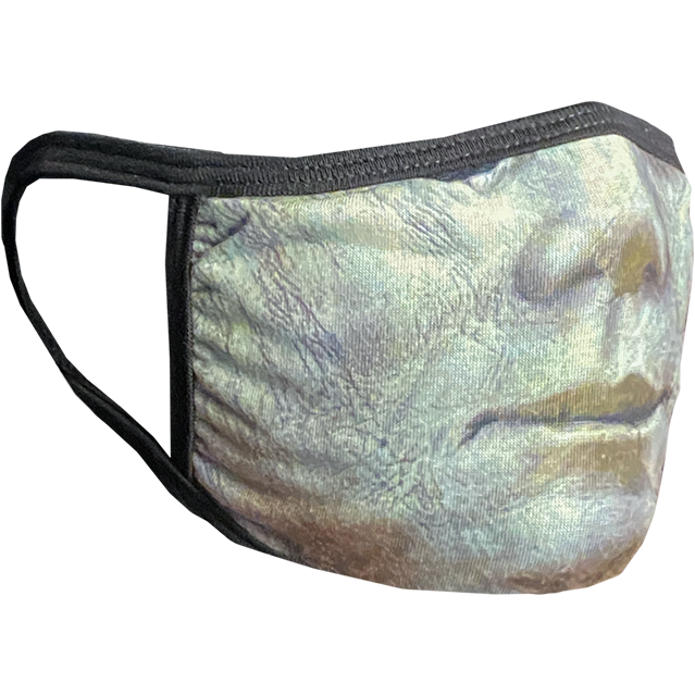 PPE mask, right side view, printed with image of nose and mouth of Michael Myers Halloween 2018 mask.