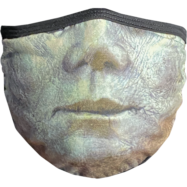 PPE mask, front view, printed with image of nose and mouth of Michael Myers Halloween 2018 mask.