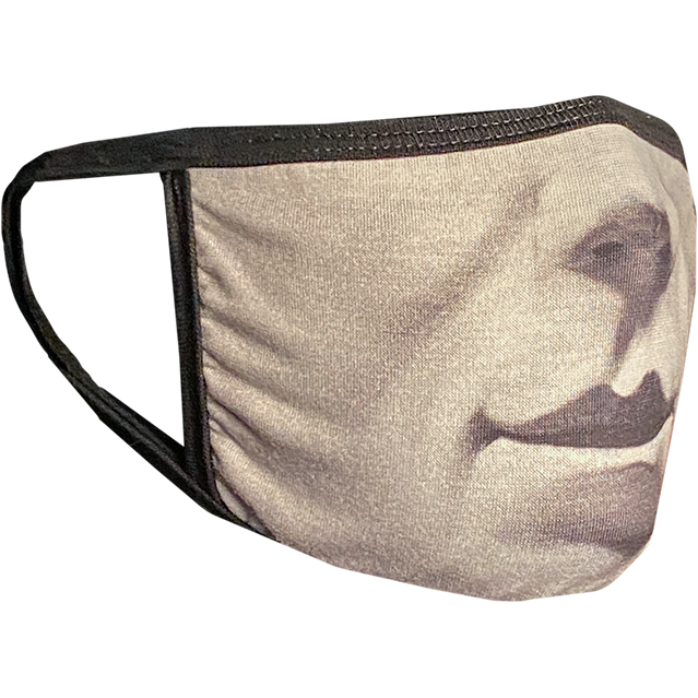 PPE mask, right side view, printed with image of nose and mouth of Michael Myers Halloween mask.