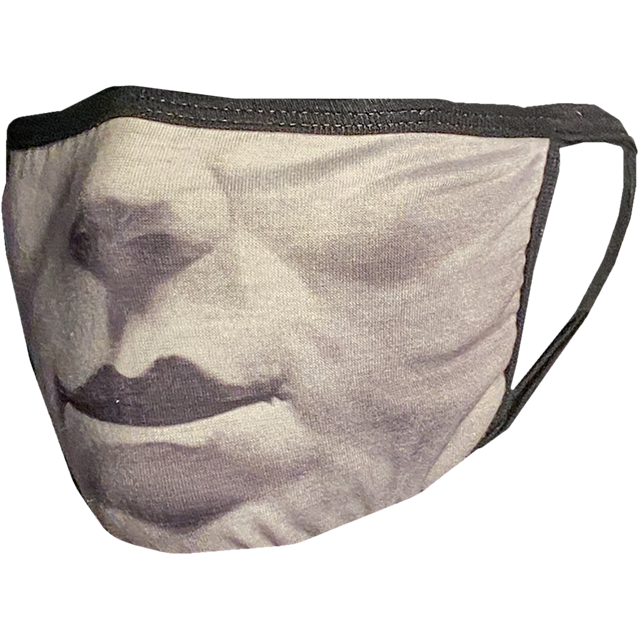 PPE mask, left side view, printed with image of nose and mouth of Michael Myers Halloween mask.