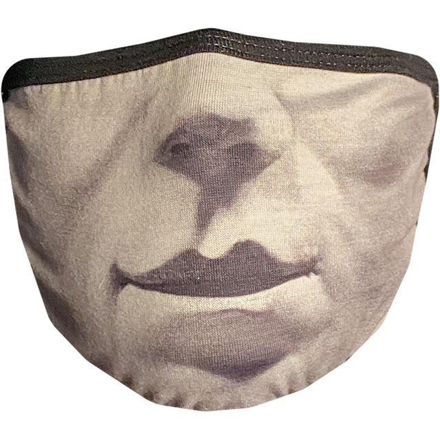 PPE mask, front view, printed with image of nose and mouth of Michael Myers Halloween mask.