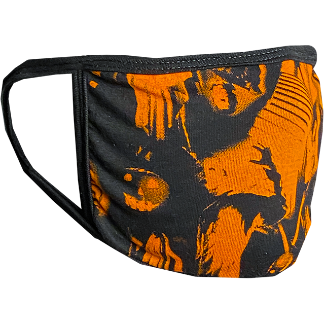 PPE mask, right side view, printed with orange and black collage images of Halloween 1978