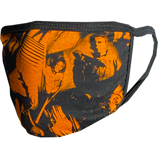 PPE mask, left side view, printed with orange and black collage images of Halloween 1978