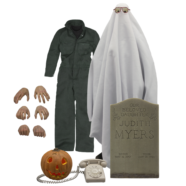 Halloween 1/6 scale figure accessory pack. 3 sets of hands, coveralls, ghost costume. jack o' lantern, tan rotary telephone, Judith Myers tombstone.