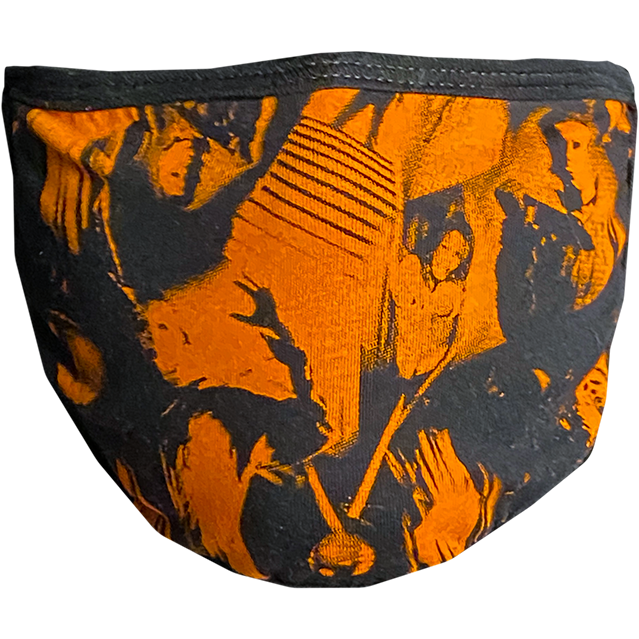 PPE mask, front view, printed with orange and black collage images of Halloween 1978