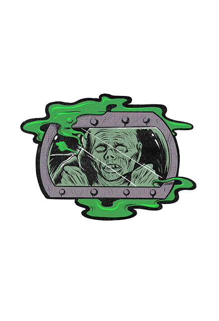 Wall decor. Illustration of gray green zombie behind gray metal framed window, green vapor coming around edges of window.
