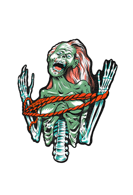 Wall decor.  Illustration of green skeletal zombie, Mouth open showing tongue, long pink hair, arms and chest bound in orange cord.
